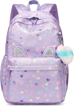 Kids Backpack Girls Light Purple Waterproof Large Space School Backpack Suitable for Age for Over 6 years old Lightweight Travel Cat Ear Heart Keychain Children Backpack（Light Purple Peach Heart）