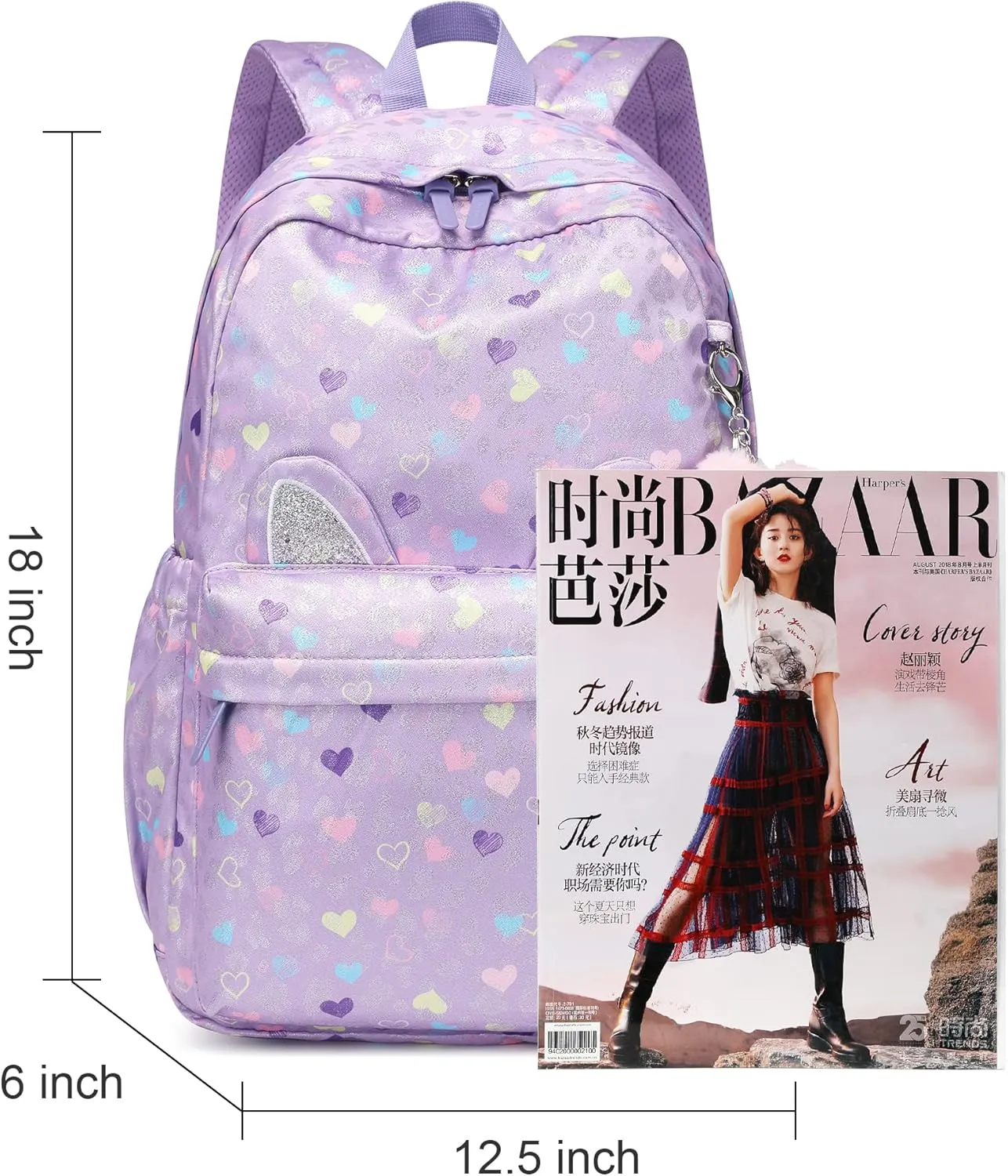 Kids Backpack Girls Light Purple Waterproof Large Space School Backpack Suitable for Age for Over 6 years old Lightweight Travel Cat Ear Heart Keychain Children Backpack（Light Purple Peach Heart）