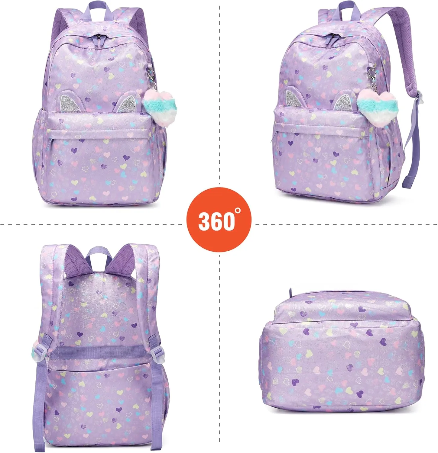 Kids Backpack Girls Light Purple Waterproof Large Space School Backpack Suitable for Age for Over 6 years old Lightweight Travel Cat Ear Heart Keychain Children Backpack（Light Purple Peach Heart）