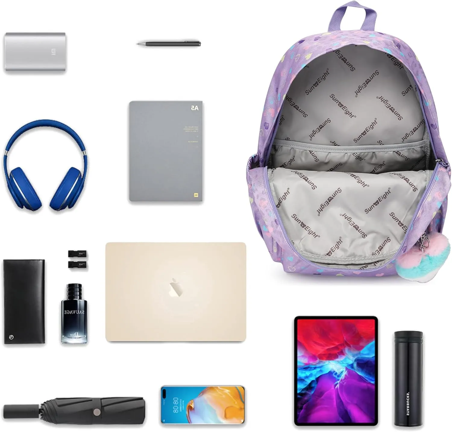 Kids Backpack Girls Light Purple Waterproof Large Space School Backpack Suitable for Age for Over 6 years old Lightweight Travel Cat Ear Heart Keychain Children Backpack（Light Purple Peach Heart）