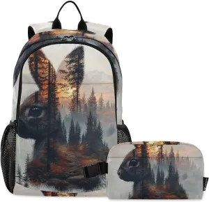Kids Backpack Rabbit Double Exposure School Bookbag with Lunch Bag for Boys Girls Preschool Kindergarten Elementary Laptop Daypack