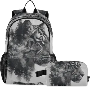 Kids Backpack Tiger Black Double Exposure School Bookbag with Lunch Bag for Boys Girls Preschool Kindergarten Elementary Laptop Daypack