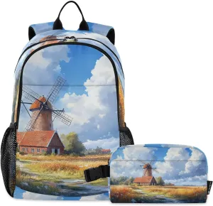 Kids Backpack Windmill Farm School Bookbag with Lunch Bag for Boys Girls Preschool Kindergarten Elementary Laptop Daypack