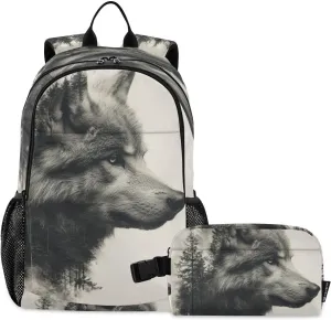 Kids Backpack Wolf Black Double Exposure School Bookbag with Lunch Bag for Boys Girls Preschool Kindergarten Elementary Laptop Daypack
