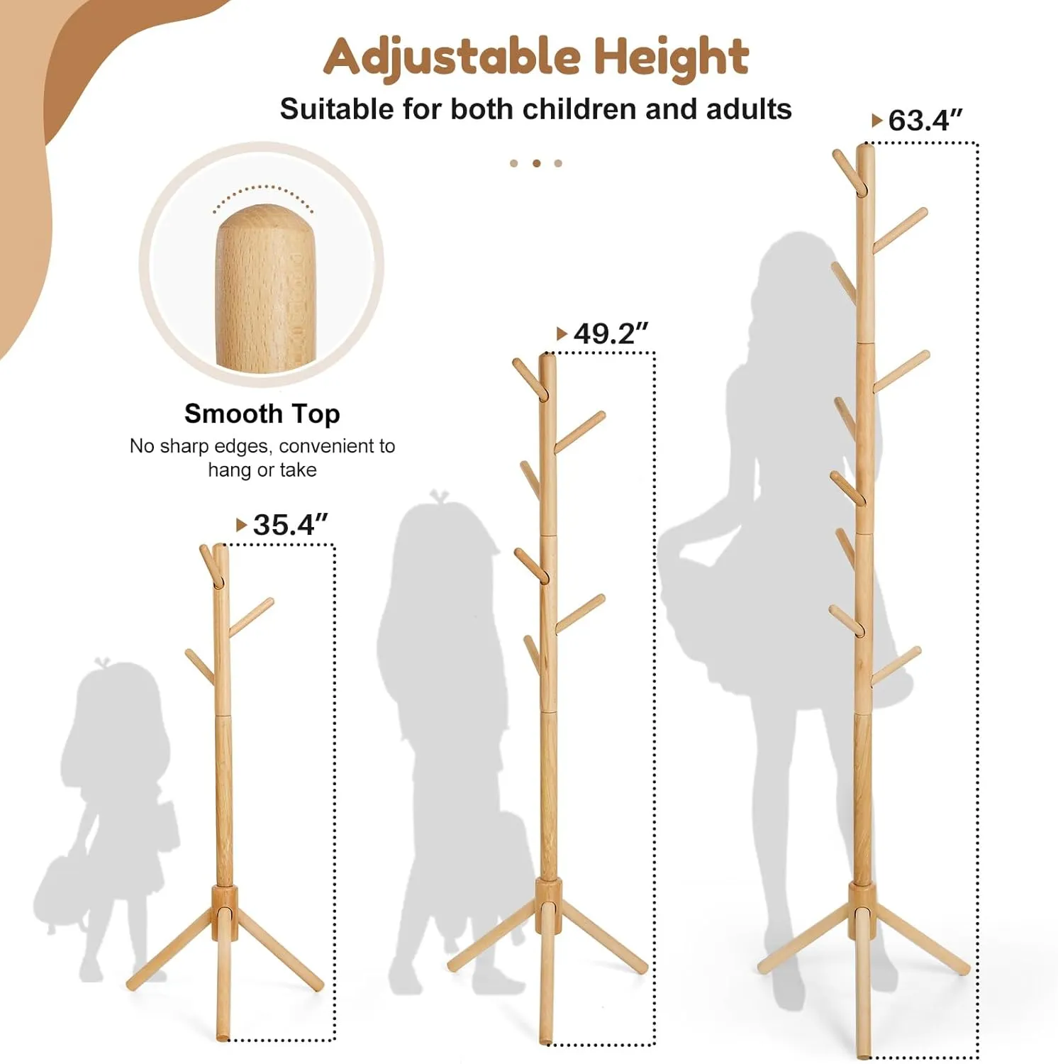 Kid's Coat Rack Stand Beech Wood Clothes Tree, Height Adjustable Freestanding Child Jacket Holder with 9 Hooks, Hanging Hats and Handbags, Hallway, Entryway,Bedroom, Easy Assembly (Natural)