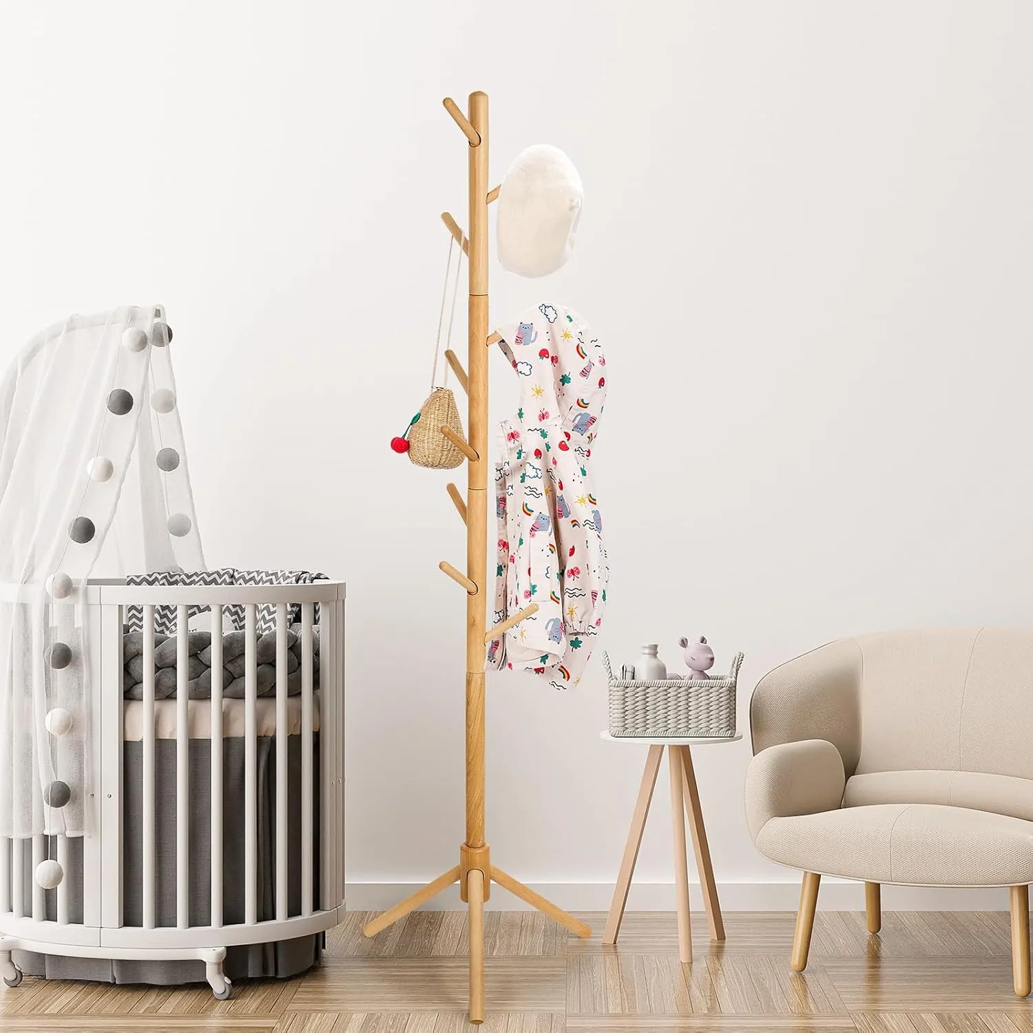 Kid's Coat Rack Stand Beech Wood Clothes Tree, Height Adjustable Freestanding Child Jacket Holder with 9 Hooks, Hanging Hats and Handbags, Hallway, Entryway,Bedroom, Easy Assembly (Natural)