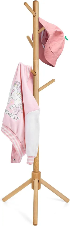 Kid's Coat Rack Stand Beech Wood Clothes Tree, Height Adjustable Freestanding Child Jacket Holder with 9 Hooks, Hanging Hats and Handbags, Hallway, Entryway,Bedroom, Easy Assembly (Natural)