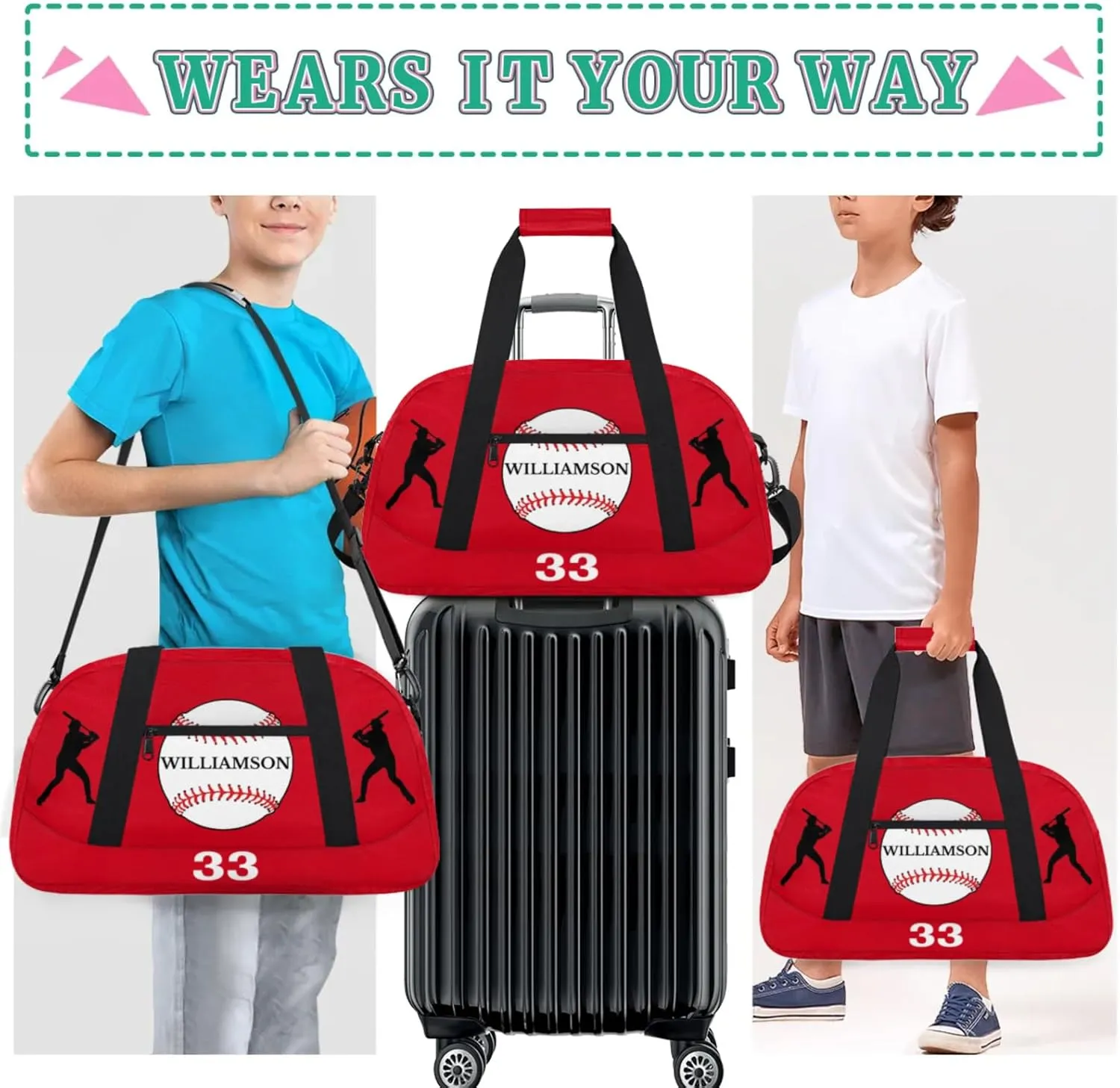 Kids Duffle Bag Personalized Gym Bag Overnight Bags, Ideal for Travel and Sports, Suitable for Men Women for Gym, Dance, Yoga, Durable Waterproof Sport Overnight Handbags Baseball Red