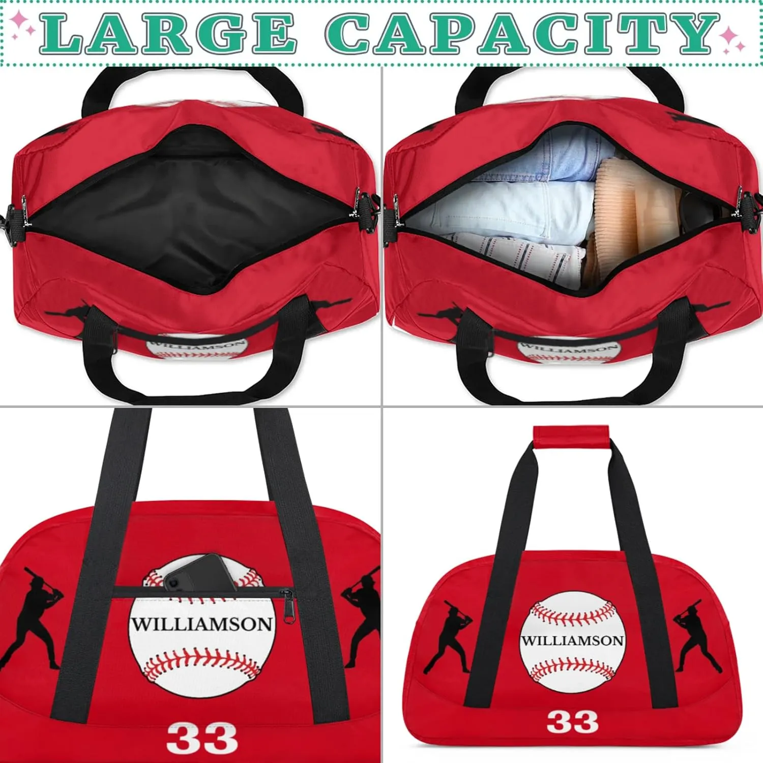Kids Duffle Bag Personalized Gym Bag Overnight Bags, Ideal for Travel and Sports, Suitable for Men Women for Gym, Dance, Yoga, Durable Waterproof Sport Overnight Handbags Baseball Red