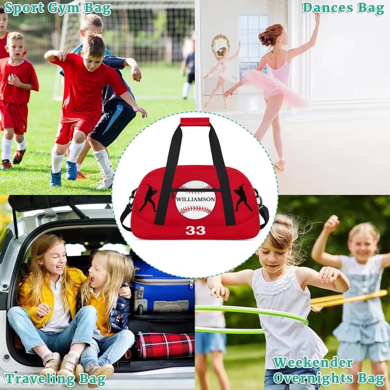 Kids Duffle Bag Personalized Gym Bag Overnight Bags, Ideal for Travel and Sports, Suitable for Men Women for Gym, Dance, Yoga, Durable Waterproof Sport Overnight Handbags Baseball Red