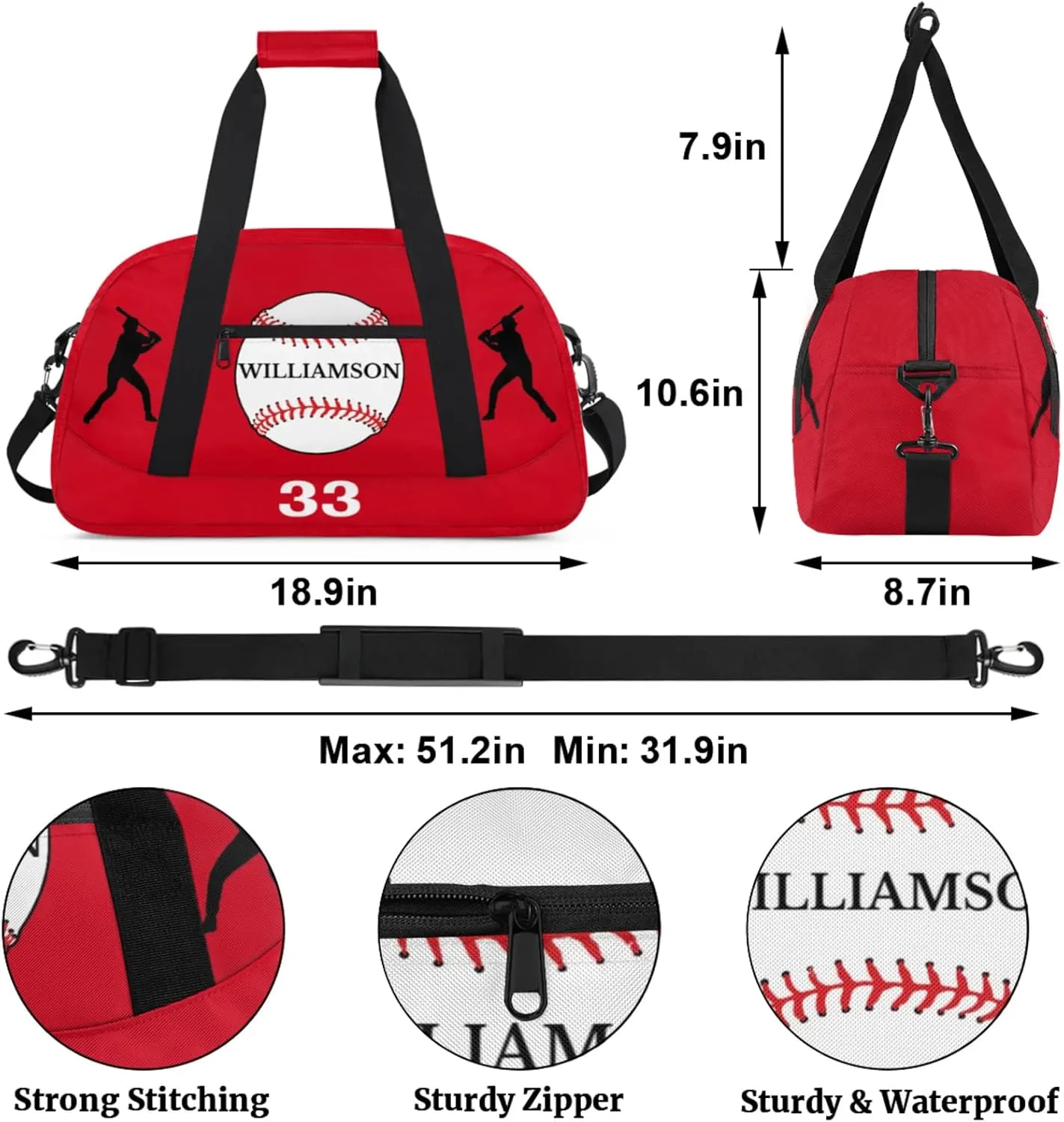 Kids Duffle Bag Personalized Gym Bag Overnight Bags, Ideal for Travel and Sports, Suitable for Men Women for Gym, Dance, Yoga, Durable Waterproof Sport Overnight Handbags Baseball Red