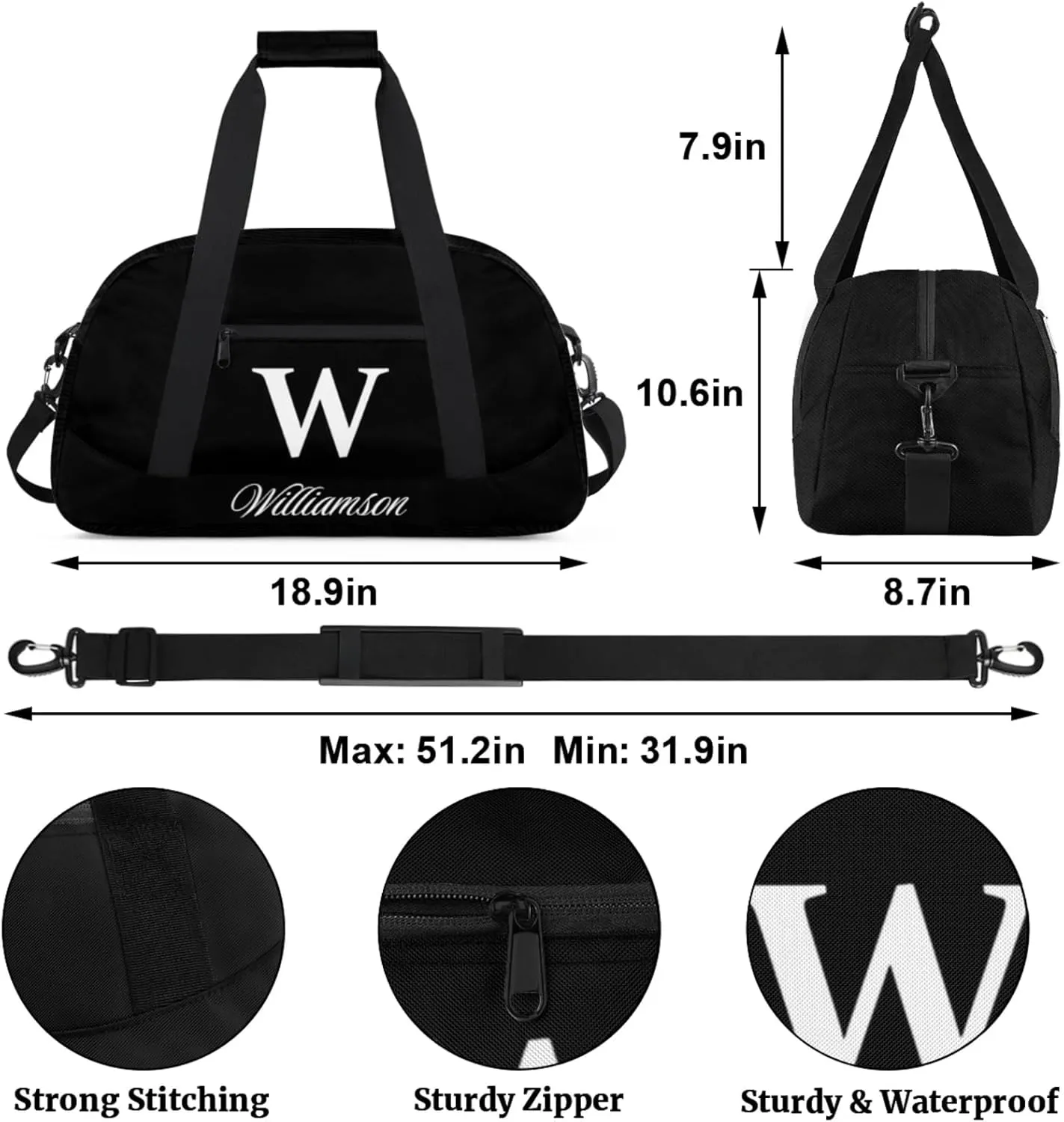 Kids Duffle Bag Personalized Gym Bag Overnight Bags, Ideal for Travel and Sports, Suitable for Men Women for Gym, Dance, Yoga, Durable Waterproof Sport Overnight Handbags Black