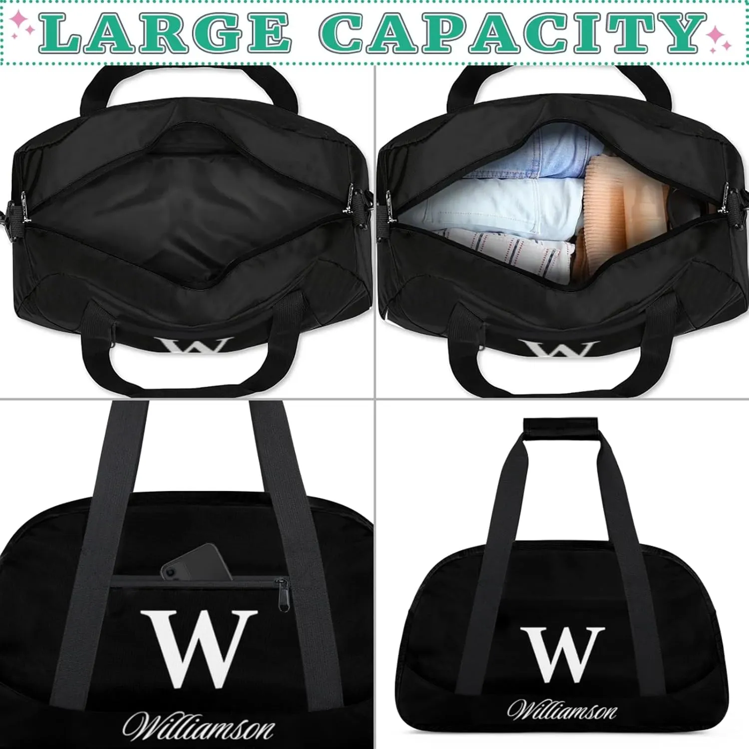 Kids Duffle Bag Personalized Gym Bag Overnight Bags, Ideal for Travel and Sports, Suitable for Men Women for Gym, Dance, Yoga, Durable Waterproof Sport Overnight Handbags Black