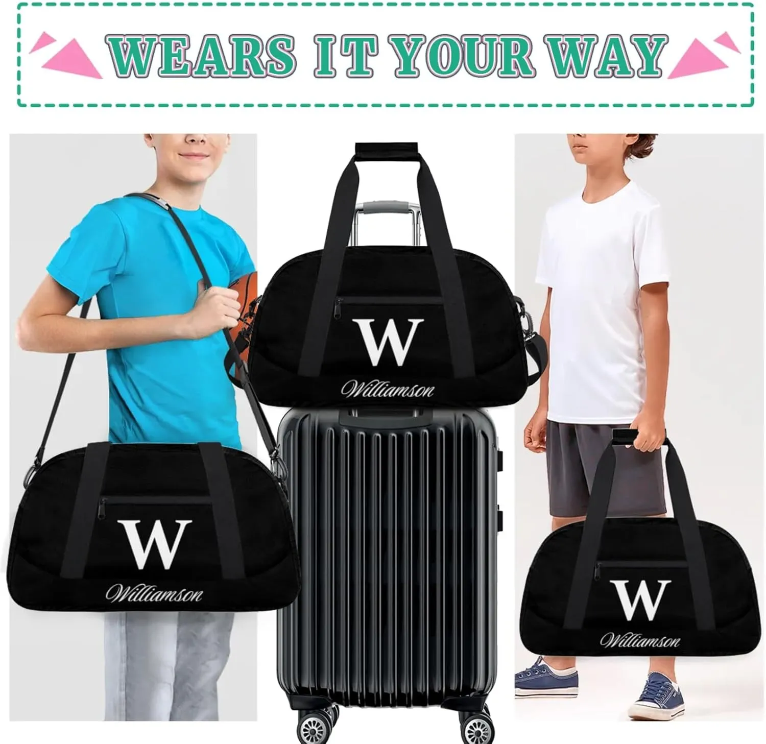 Kids Duffle Bag Personalized Gym Bag Overnight Bags, Ideal for Travel and Sports, Suitable for Men Women for Gym, Dance, Yoga, Durable Waterproof Sport Overnight Handbags Black
