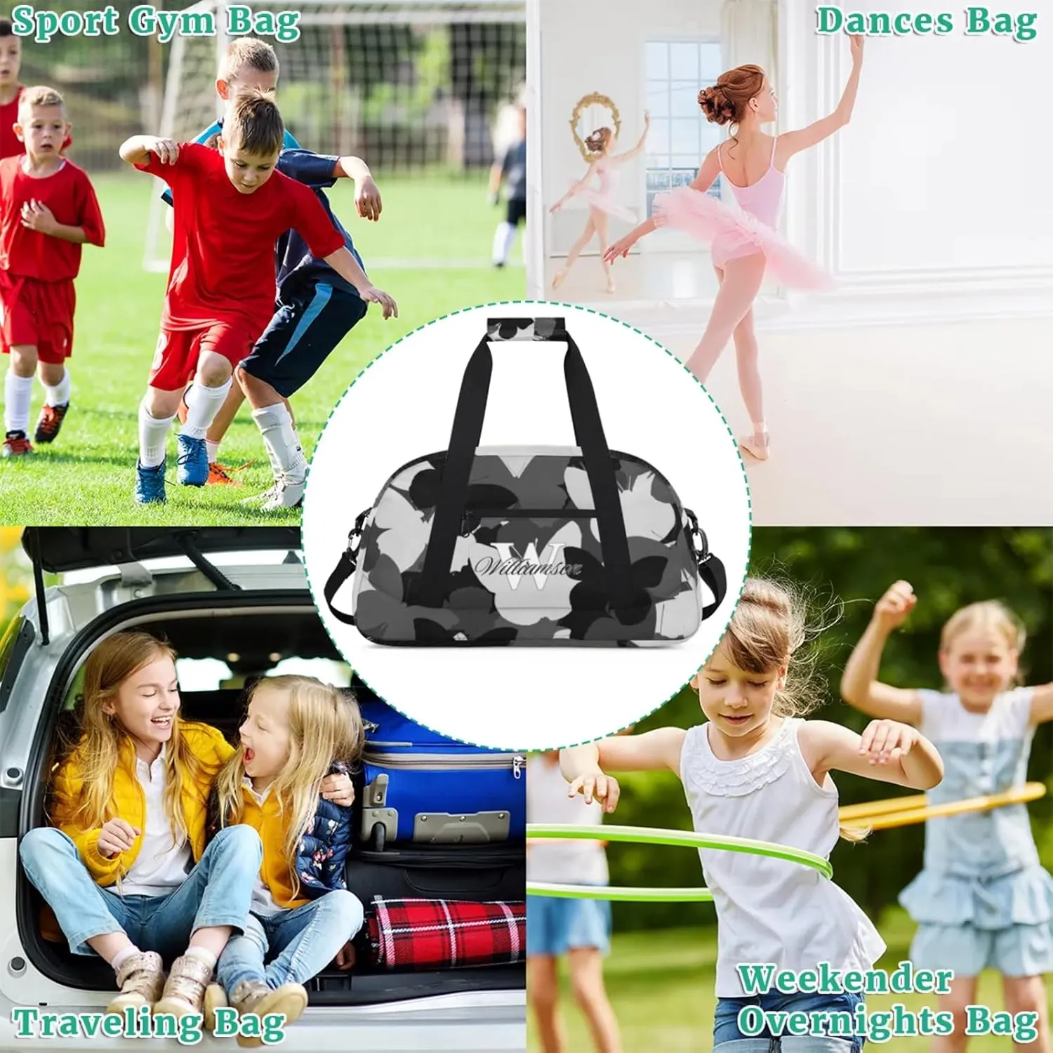 Kids Duffle Bag Personalized Gym Bag Overnight Bags, Ideal for Travel and Sports, Suitable for Men Women for Gym, Dance, Yoga, Durable Waterproof Sport Overnight Handbags Butterflies