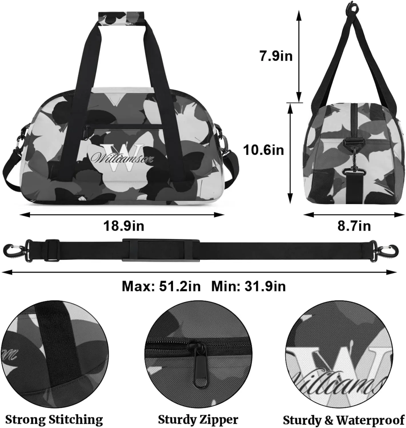 Kids Duffle Bag Personalized Gym Bag Overnight Bags, Ideal for Travel and Sports, Suitable for Men Women for Gym, Dance, Yoga, Durable Waterproof Sport Overnight Handbags Butterflies
