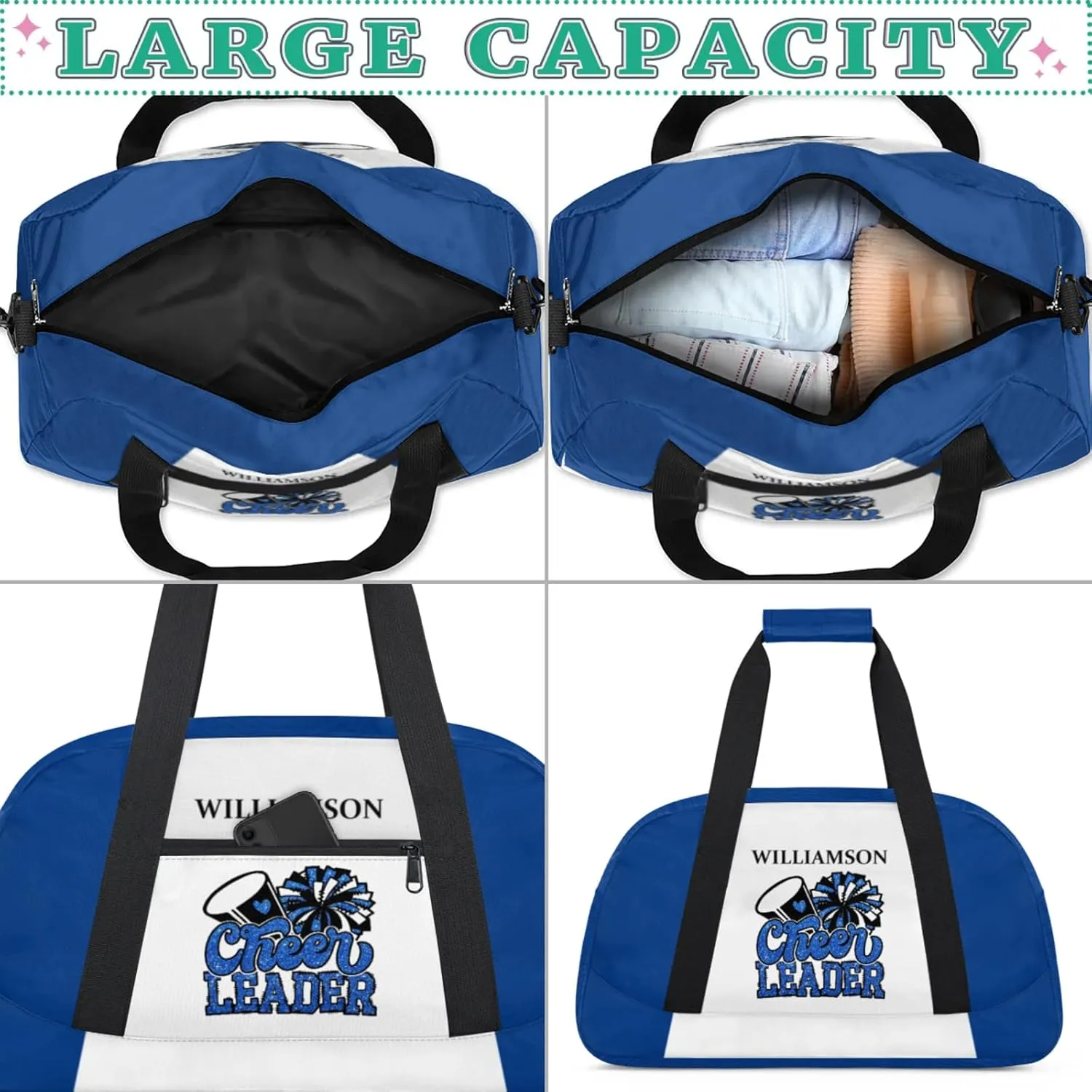 Kids Duffle Bag Personalized Gym Bag Overnight Bags, Ideal for Travel and Sports, Suitable for Men Women for Gym, Dance, Yoga, Durable Waterproof Sport Overnight Handbags Cheer Leader Blue