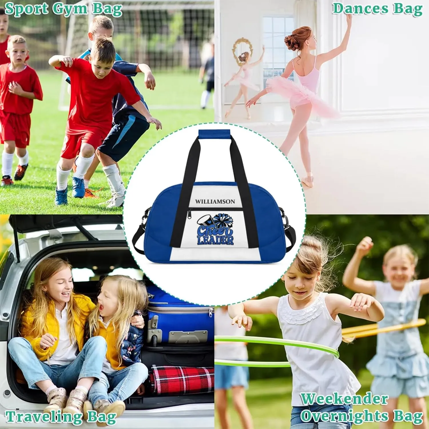 Kids Duffle Bag Personalized Gym Bag Overnight Bags, Ideal for Travel and Sports, Suitable for Men Women for Gym, Dance, Yoga, Durable Waterproof Sport Overnight Handbags Cheer Leader Blue