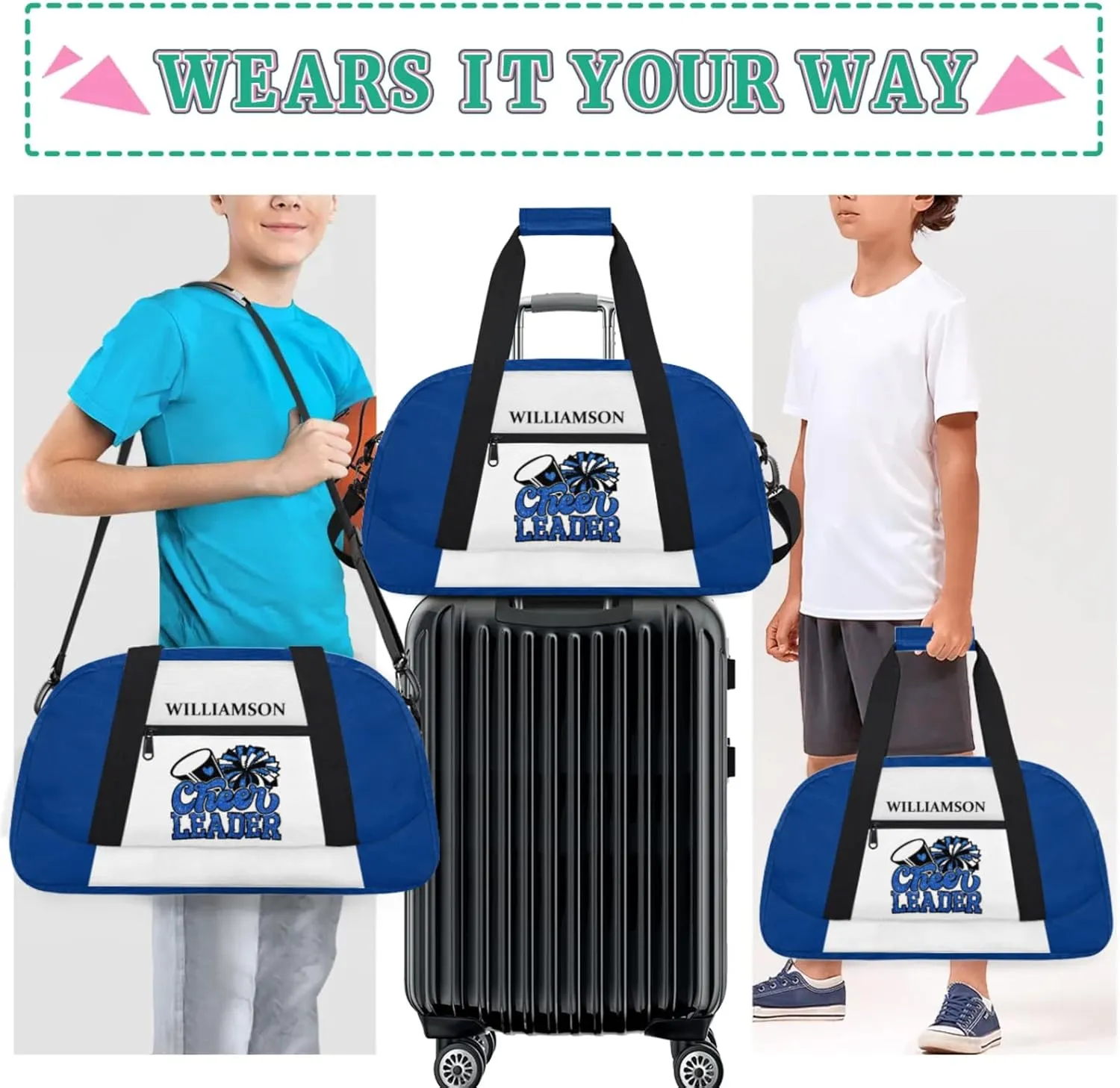 Kids Duffle Bag Personalized Gym Bag Overnight Bags, Ideal for Travel and Sports, Suitable for Men Women for Gym, Dance, Yoga, Durable Waterproof Sport Overnight Handbags Cheer Leader Blue