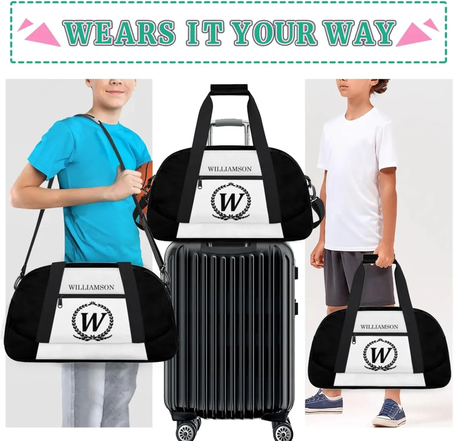 Kids Duffle Bag Personalized Gym Bag Overnight Bags, Ideal for Travel and Sports, Suitable for Men Women for Gym, Dance, Yoga, Durable Waterproof Sport Overnight Handbags Initial Black