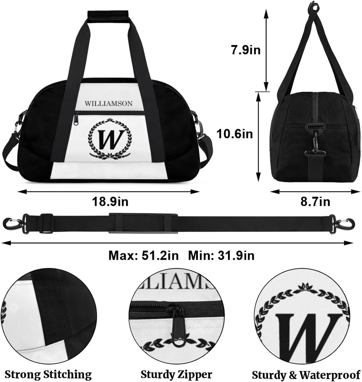 Kids Duffle Bag Personalized Gym Bag Overnight Bags, Ideal for Travel and Sports, Suitable for Men Women for Gym, Dance, Yoga, Durable Waterproof Sport Overnight Handbags Initial Black