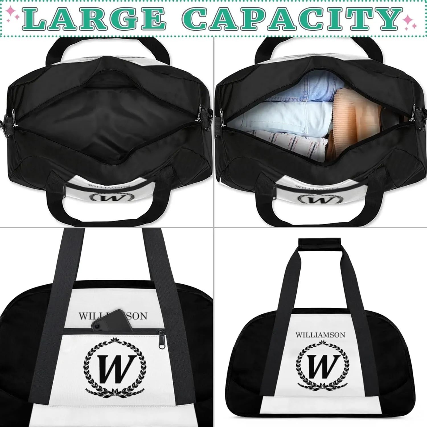 Kids Duffle Bag Personalized Gym Bag Overnight Bags, Ideal for Travel and Sports, Suitable for Men Women for Gym, Dance, Yoga, Durable Waterproof Sport Overnight Handbags Initial Black