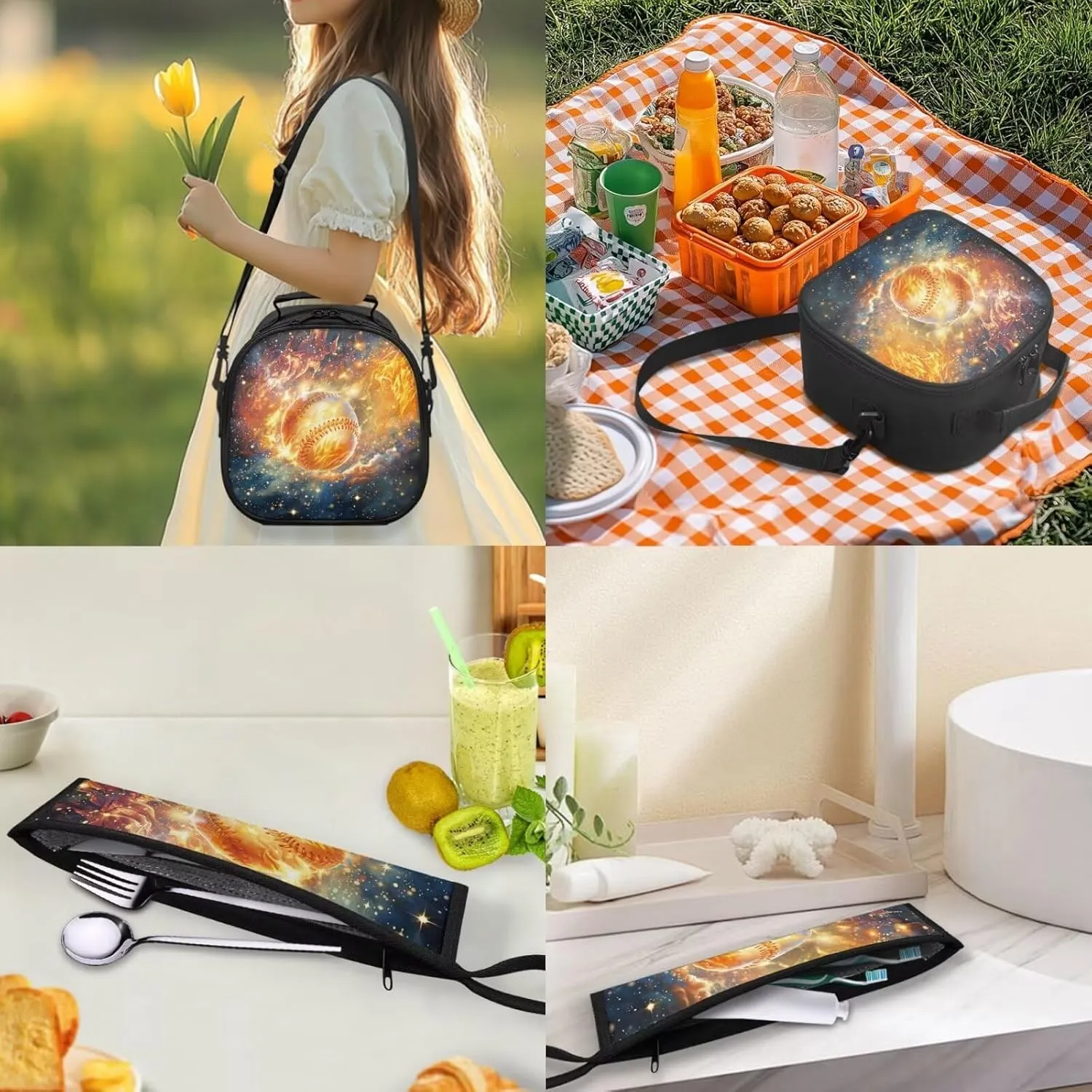 Kids Lunch Bag Fire Baseball Small Crossbody Lunch Tote for Boys with Adjustable Strap Lightweight Tableware Box for Spoon Fork 2 Pack Lunch Box Bag