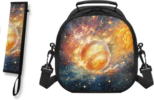 Kids Lunch Bag Fire Baseball Small Crossbody Lunch Tote for Boys with Adjustable Strap Lightweight Tableware Box for Spoon Fork 2 Pack Lunch Box Bag