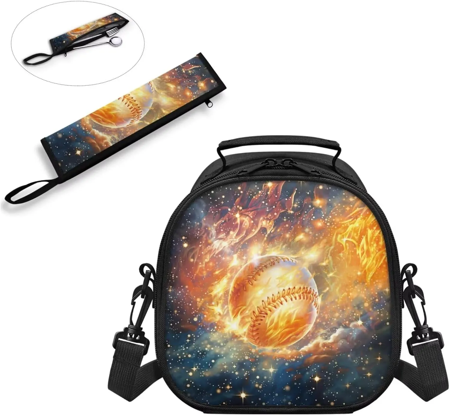 Kids Lunch Bag Fire Baseball Small Crossbody Lunch Tote for Boys with Adjustable Strap Lightweight Tableware Box for Spoon Fork 2 Pack Lunch Box Bag