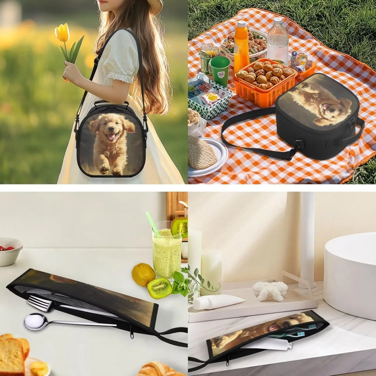 Kids Lunch Bag Golden Retriever Crossbody Lunch Bag for Kids with Adjustable Strap Flatware Storage Bag for Fork Spoon 2 Pack Lunch Box Bag for Camping