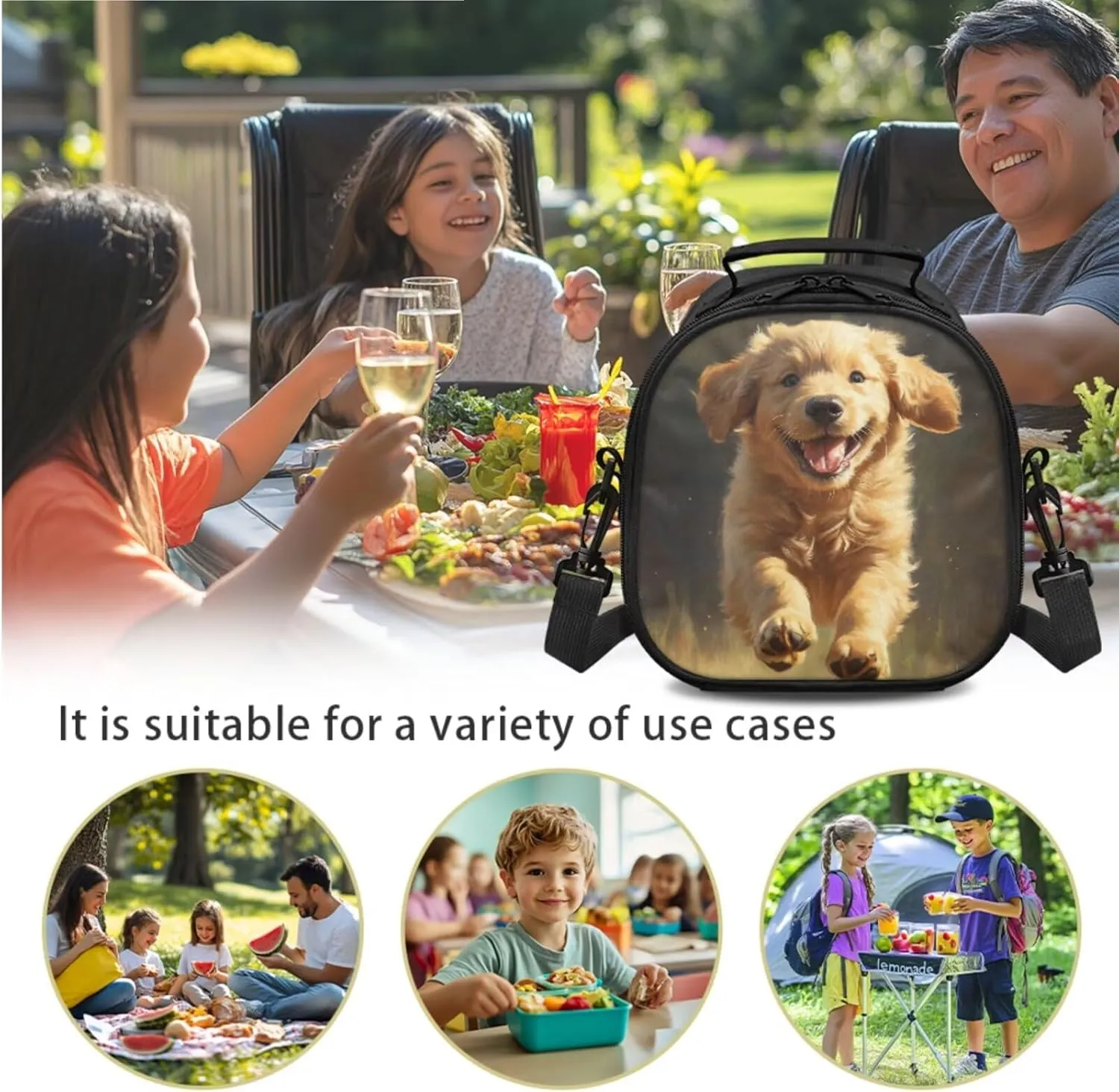 Kids Lunch Bag Golden Retriever Crossbody Lunch Bag for Kids with Adjustable Strap Flatware Storage Bag for Fork Spoon 2 Pack Lunch Box Bag for Camping