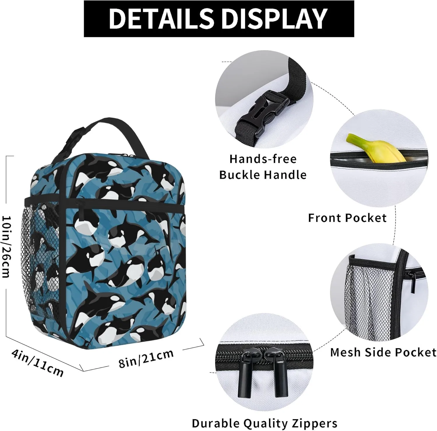 Kids Lunch Box Lunch Bag for Boys Girls, Reusable Insulated Lunch Boxes Tote Bag, High Capacity Leakproof Thermal Cooler Sack Food Handbags for School Work Picnic Camping Gifts (Killer Whale)