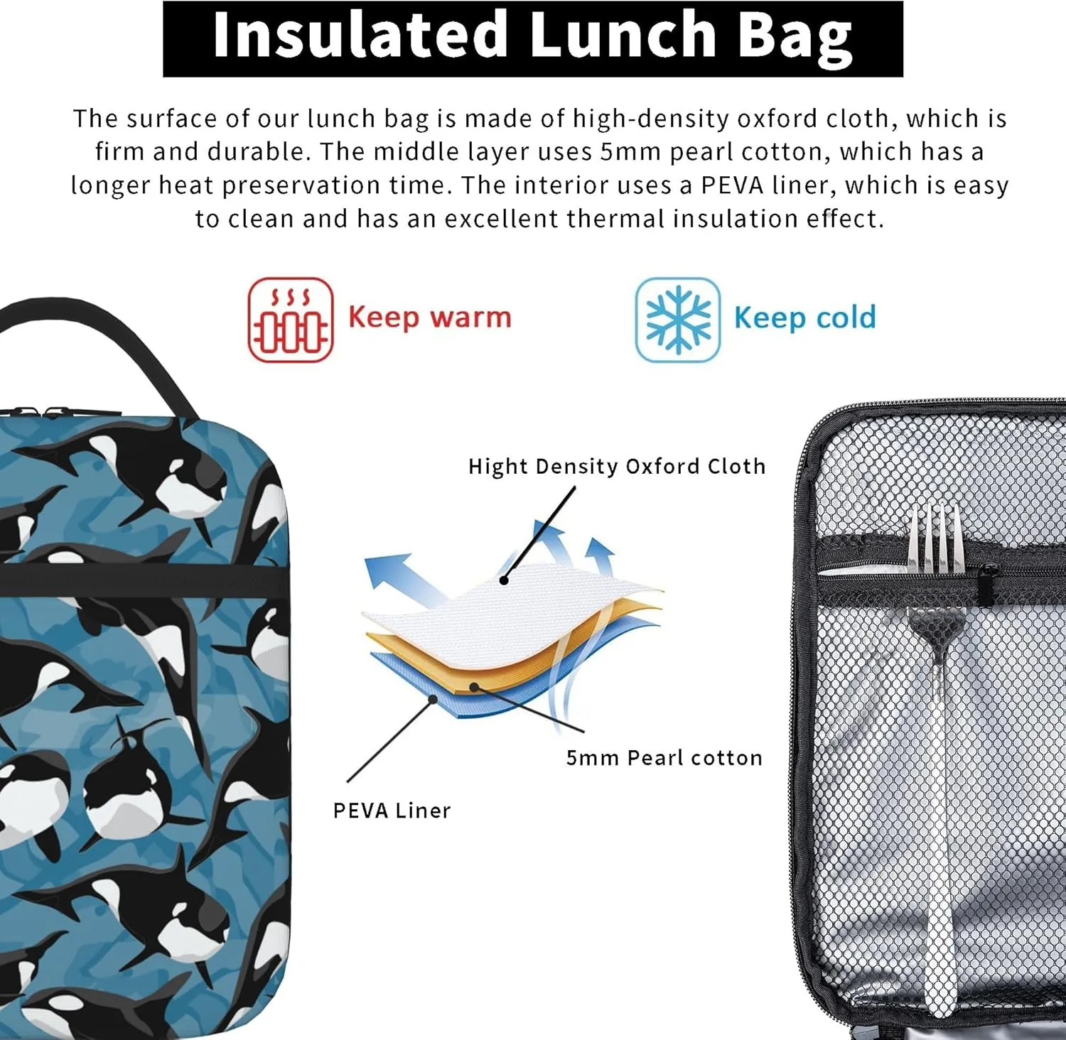 Kids Lunch Box Lunch Bag for Boys Girls, Reusable Insulated Lunch Boxes Tote Bag, High Capacity Leakproof Thermal Cooler Sack Food Handbags for School Work Picnic Camping Gifts (Killer Whale)