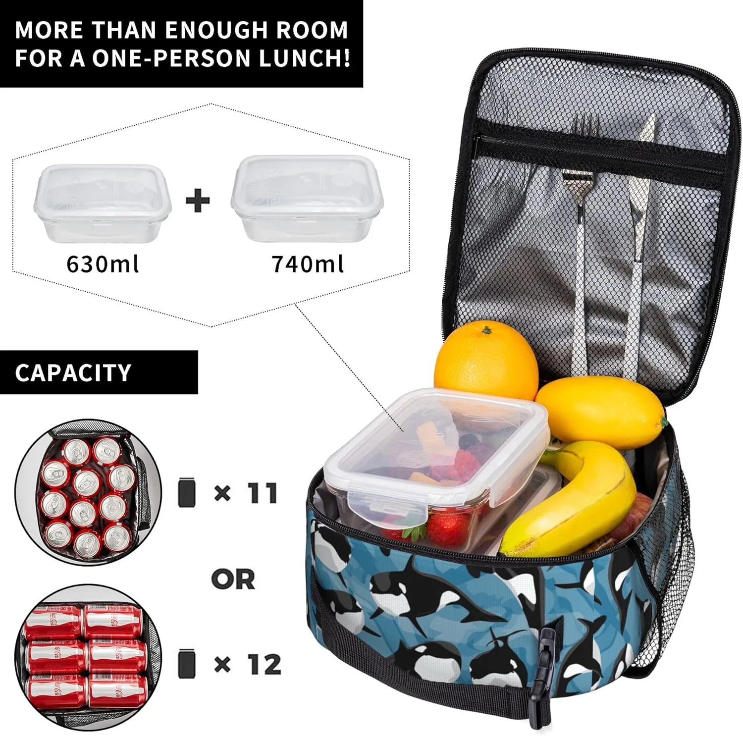 Kids Lunch Box Lunch Bag for Boys Girls, Reusable Insulated Lunch Boxes Tote Bag, High Capacity Leakproof Thermal Cooler Sack Food Handbags for School Work Picnic Camping Gifts (Killer Whale)