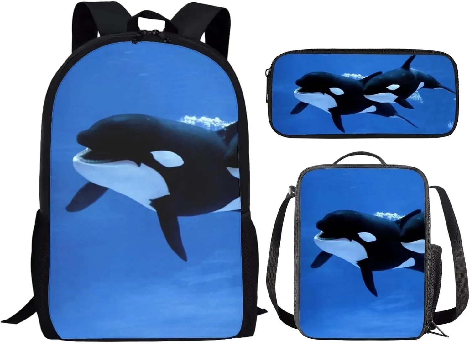 Kids Novelty Animal Backpack and Lunch Box for Boys Girls Student Lightweight 17 Inch School Blue Killer Whale Orca Backpack with Lunch Bag Pencil Case Kids Comfy Padded Large Bookbag