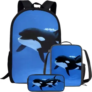 Kids Novelty Animal Backpack and Lunch Box for Boys Girls Student Lightweight 17 Inch School Blue Killer Whale Orca Backpack with Lunch Bag Pencil Case Kids Comfy Padded Large Bookbag