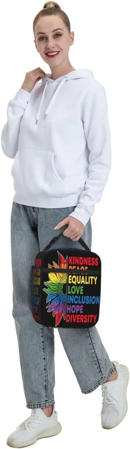 Kindness Peace Equality Love Inclusion Pride Sunflower Insulated Lunch Bag Reusable Lunch Box Picnic Organizer Portable Tote Bags Thermal Container Ice Pack Food Handbag for Work Travel Gym