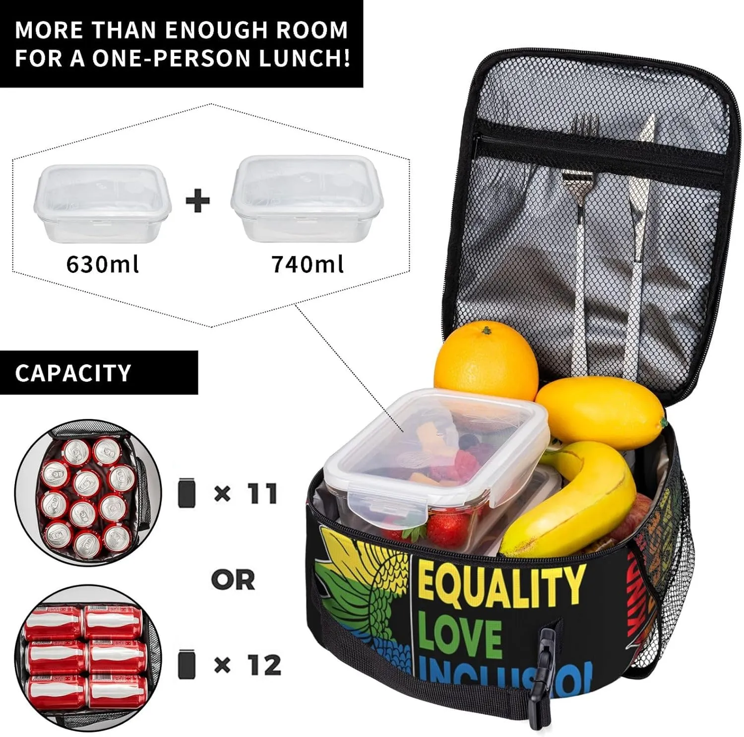 Kindness Peace Equality Love Inclusion Pride Sunflower Insulated Lunch Bag Reusable Lunch Box Picnic Organizer Portable Tote Bags Thermal Container Ice Pack Food Handbag for Work Travel Gym