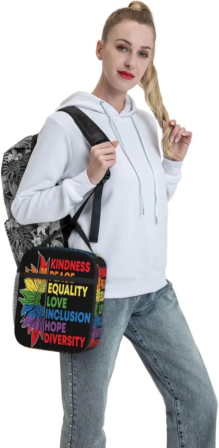 Kindness Peace Equality Love Inclusion Pride Sunflower Insulated Lunch Bag Reusable Lunch Box Picnic Organizer Portable Tote Bags Thermal Container Ice Pack Food Handbag for Work Travel Gym