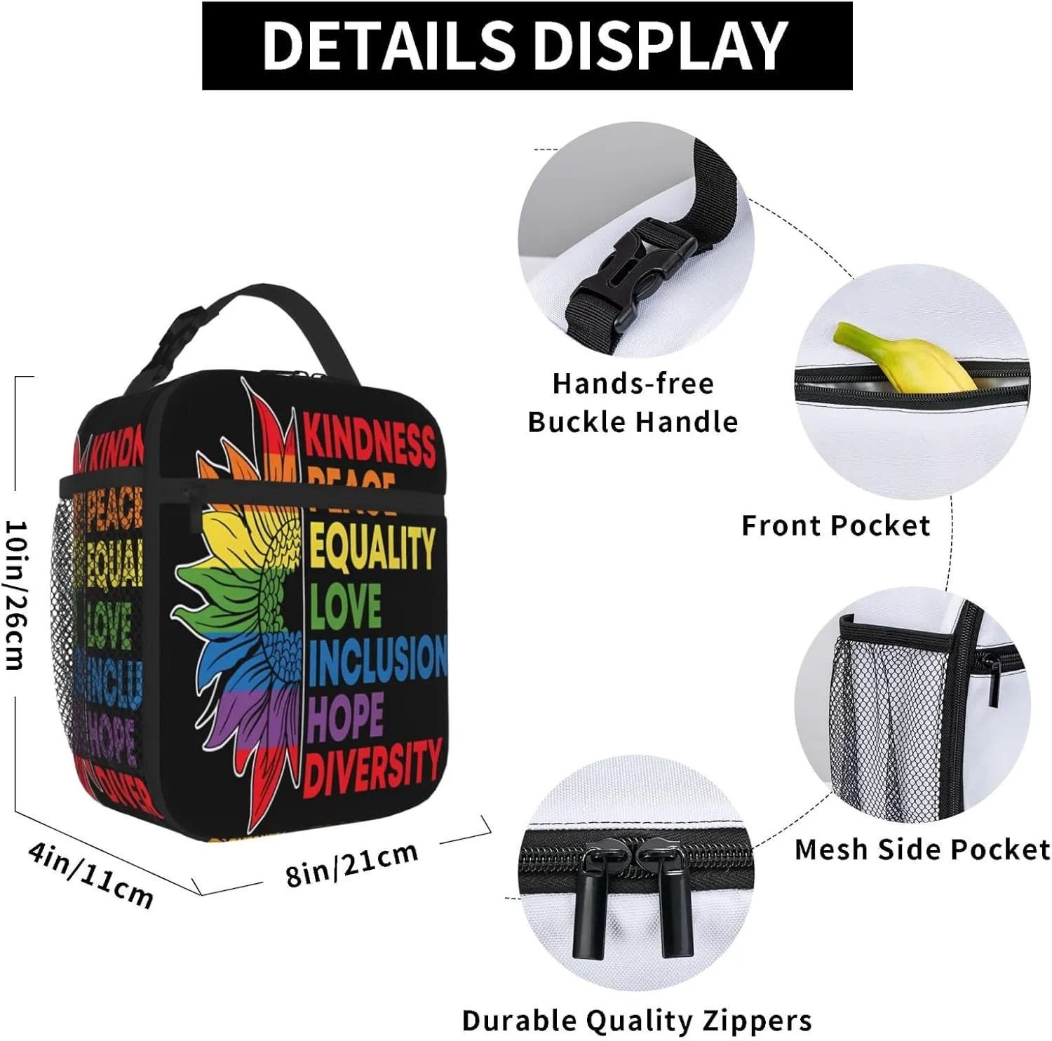Kindness Peace Equality Love Inclusion Pride Sunflower Insulated Lunch Bag Reusable Lunch Box Picnic Organizer Portable Tote Bags Thermal Container Ice Pack Food Handbag for Work Travel Gym