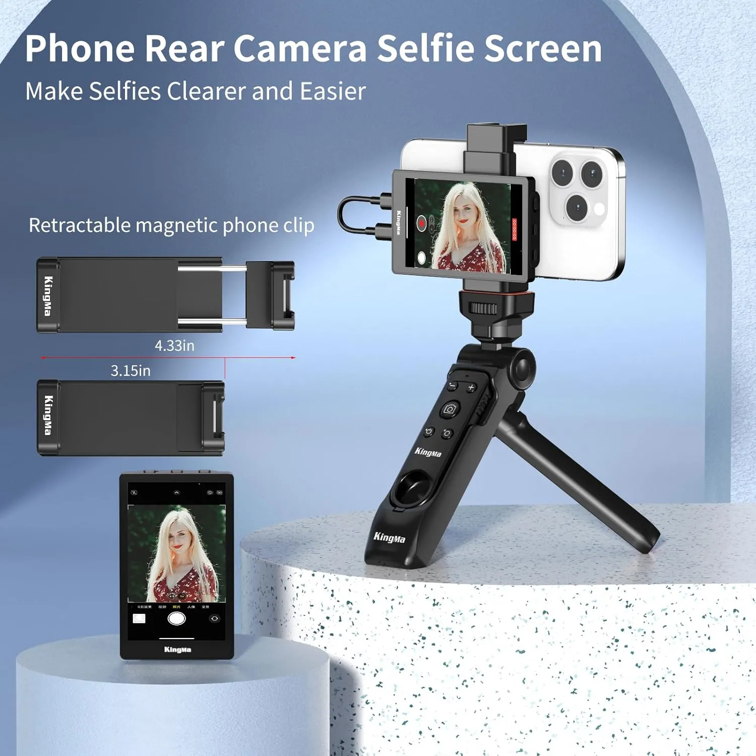King Ma 4K 30FPS Phone Vlog Selfie Monitor Screen, Wired Mini Monitor for iPhone Rear Camera with Magnetic Phone Clip & Bluetooth Remote for Vlog Live Stream TikTok