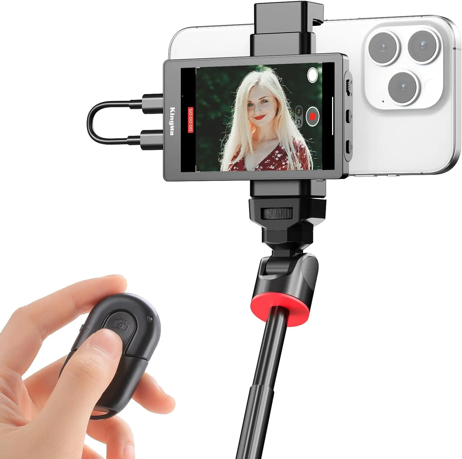 King Ma 4K 30FPS Phone Vlog Selfie Monitor Screen, Wired Mini Monitor for iPhone Rear Camera with Magnetic Phone Clip & Bluetooth Remote for Vlog Live Stream TikTok