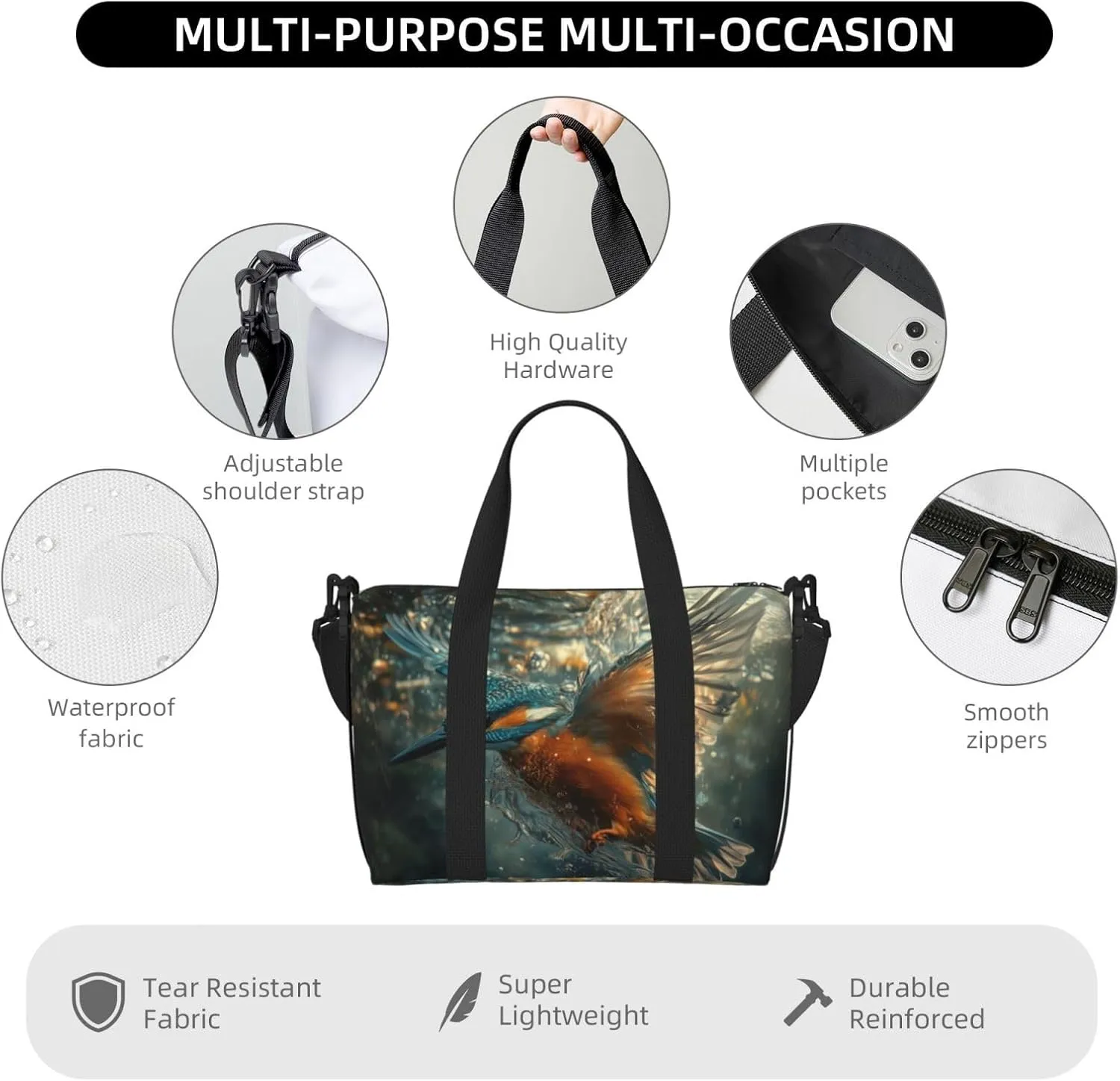 kingfisher print Travel Duffel Bag, Sports Tote Gym Bag, Swim Pool Bag Large Shoulder Tote Bag for Beach Weekender