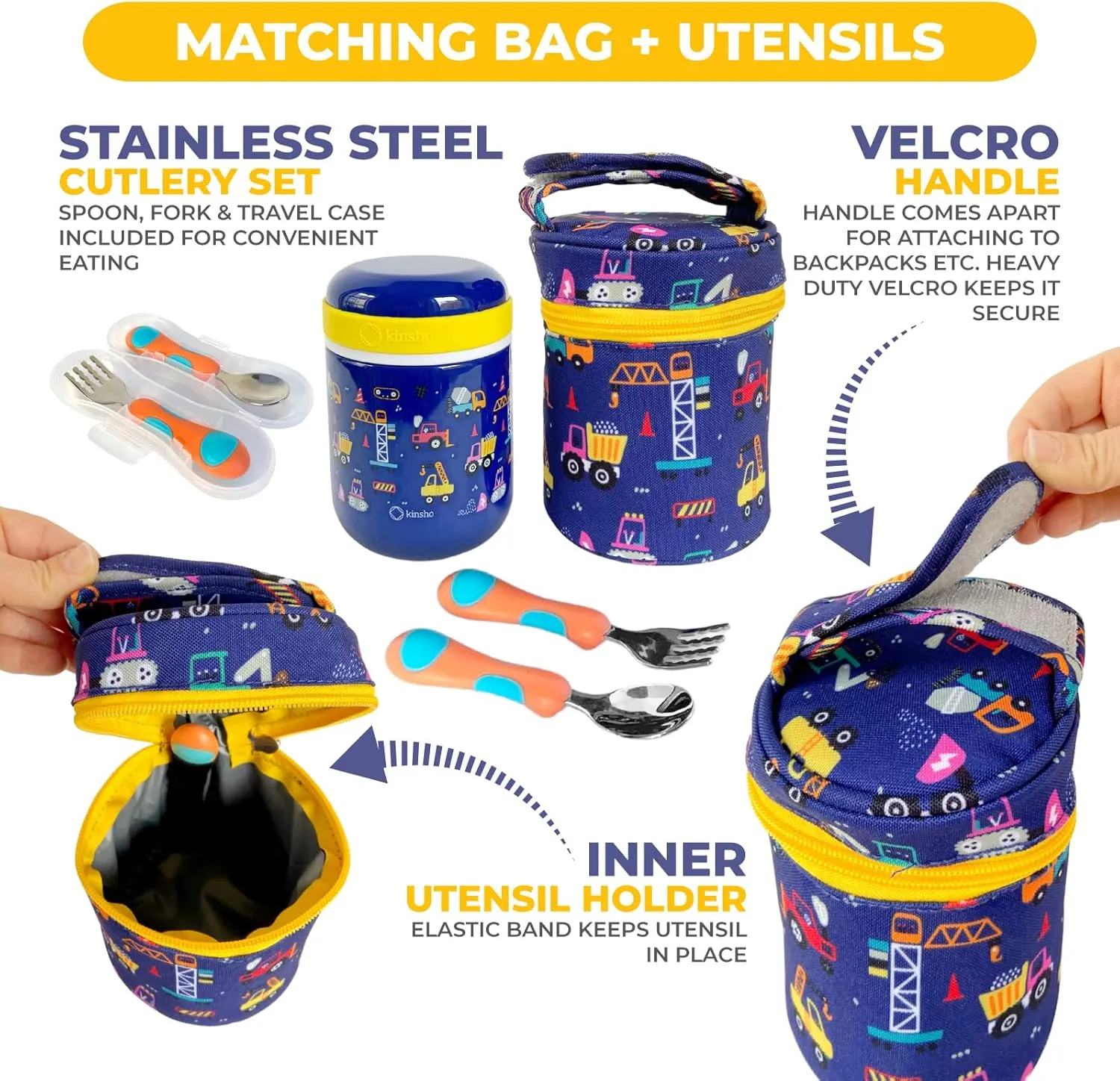 kinsho Kids Thermo for Hot Food and Soup, Insulated Lunch Bag and Stainless Steel Utensil Set. Container for Boys Hot Lunches, Wide Mouth, Leakproof Easy Grip, Thermal Vacuum Seal 10 oz, Blue Trucks