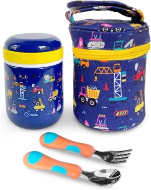 kinsho Kids Thermo for Hot Food and Soup, Insulated Lunch Bag and Stainless Steel Utensil Set. Container for Boys Hot Lunches, Wide Mouth, Leakproof Easy Grip, Thermal Vacuum Seal 10 oz, Blue Trucks