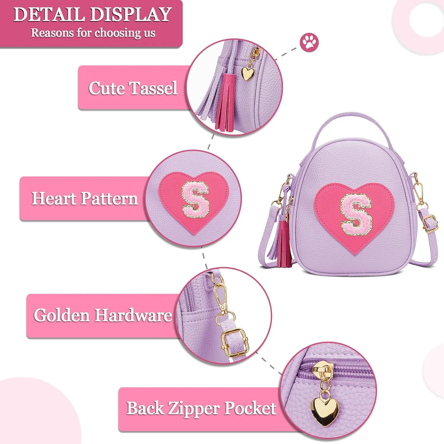 KKXIU Purse Gifts for Girls Cute Little Girl Crossbody Bag Heart Kids Small Backpack with Tassel (Purple-S)