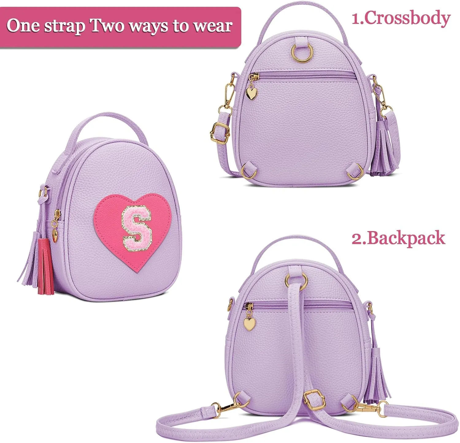 KKXIU Purse Gifts for Girls Cute Little Girl Crossbody Bag Heart Kids Small Backpack with Tassel (Purple-S)