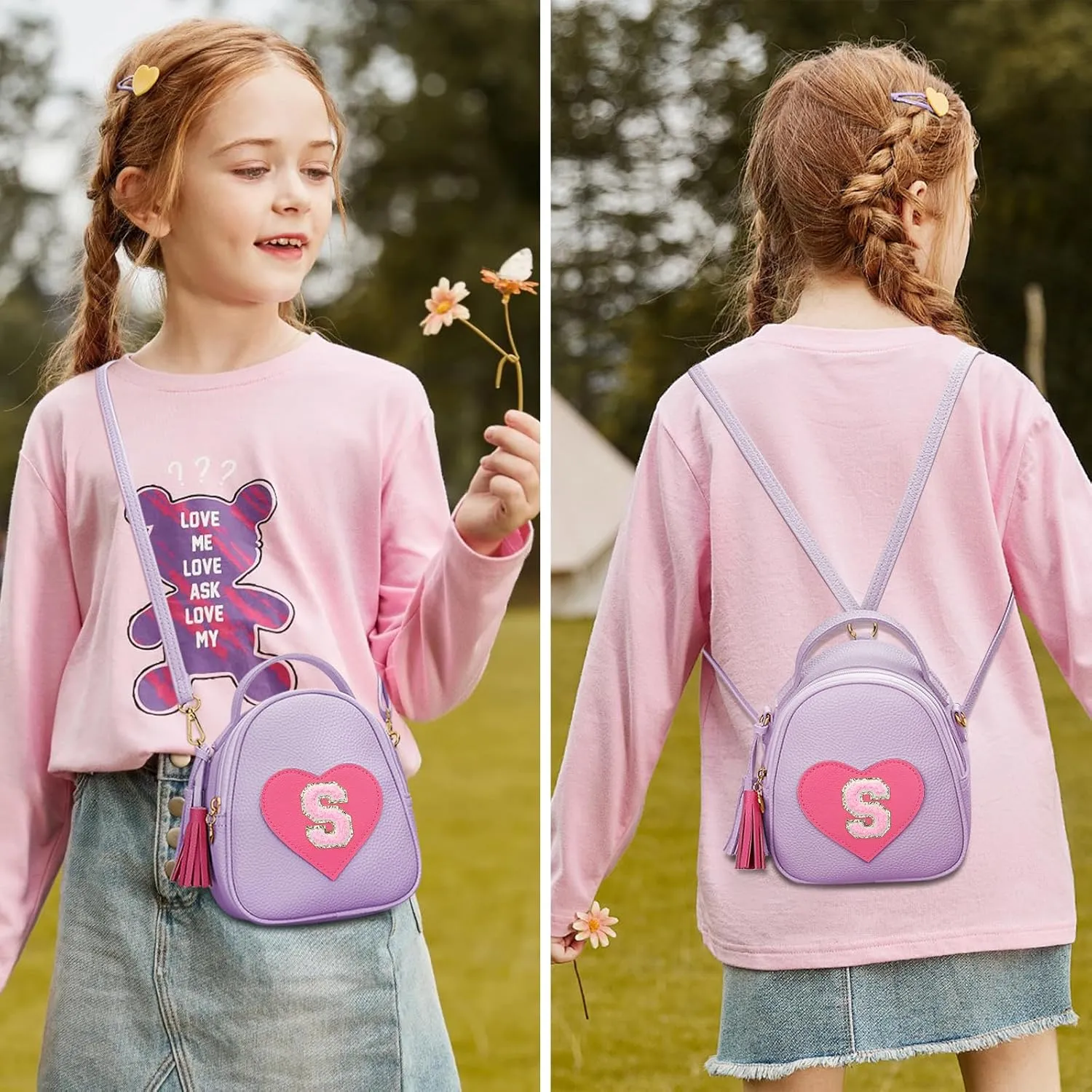 KKXIU Purse Gifts for Girls Cute Little Girl Crossbody Bag Heart Kids Small Backpack with Tassel (Purple-S)