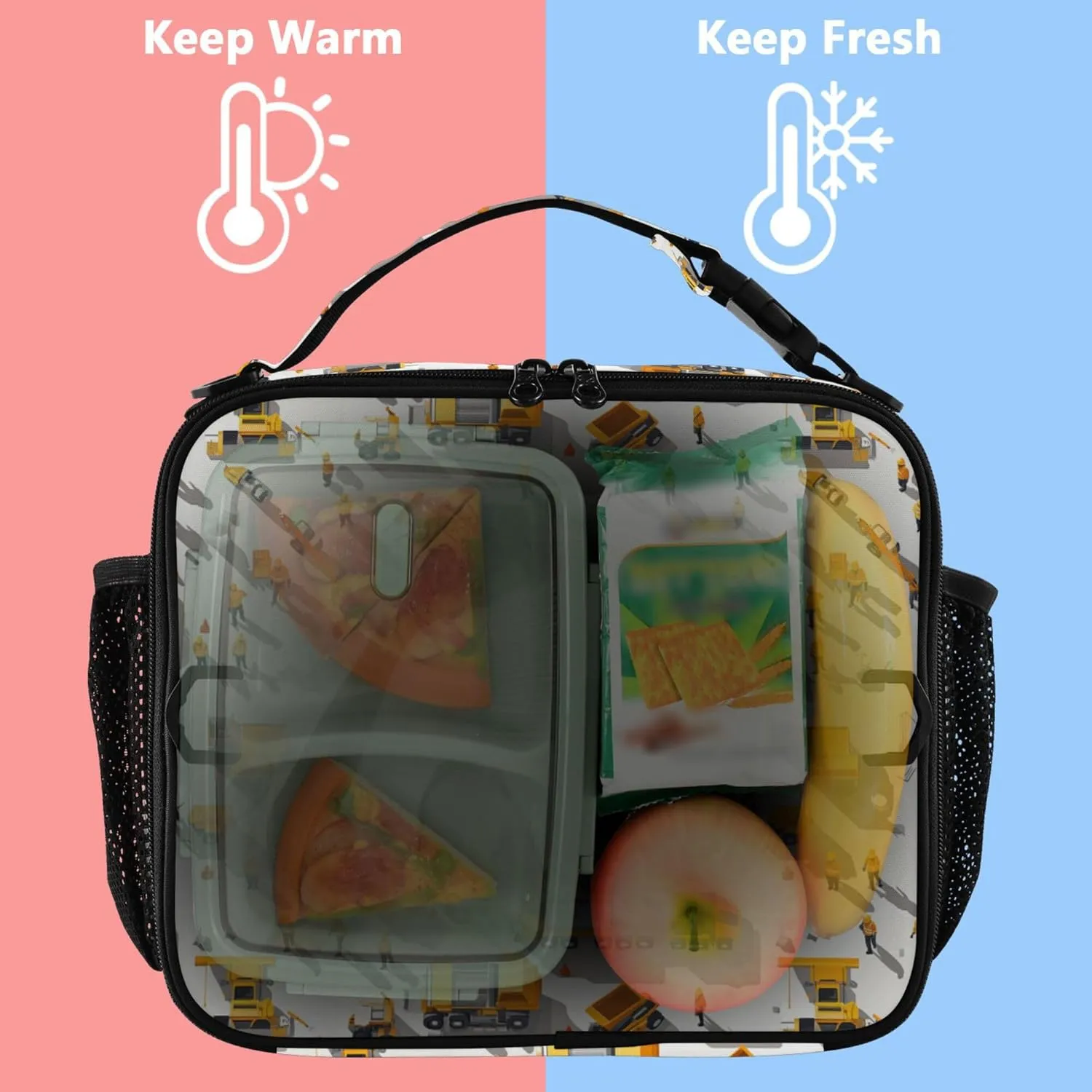 KLL Boys Lunch Bag Waterproof Lunch Box for Women Removable Shoulder Strap Insulated Tote for Work Office Construction Scene Build Schools Concrete Mixer Truck Bulldozer