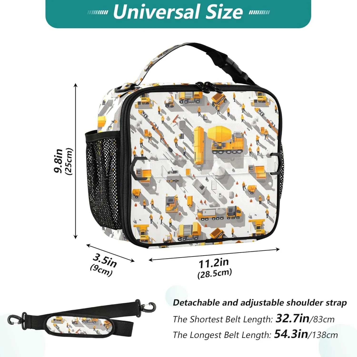 KLL Boys Lunch Bag Waterproof Lunch Box for Women Removable Shoulder Strap Insulated Tote for Work Office Construction Scene Build Schools Concrete Mixer Truck Bulldozer